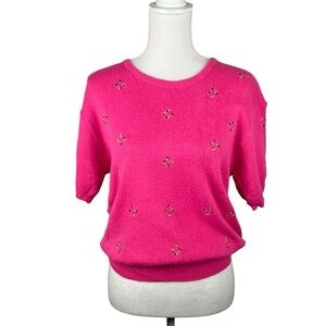 Pink Knit Embroidered Floral Vintage Style Short Sleeve Knit Sweater Size Large